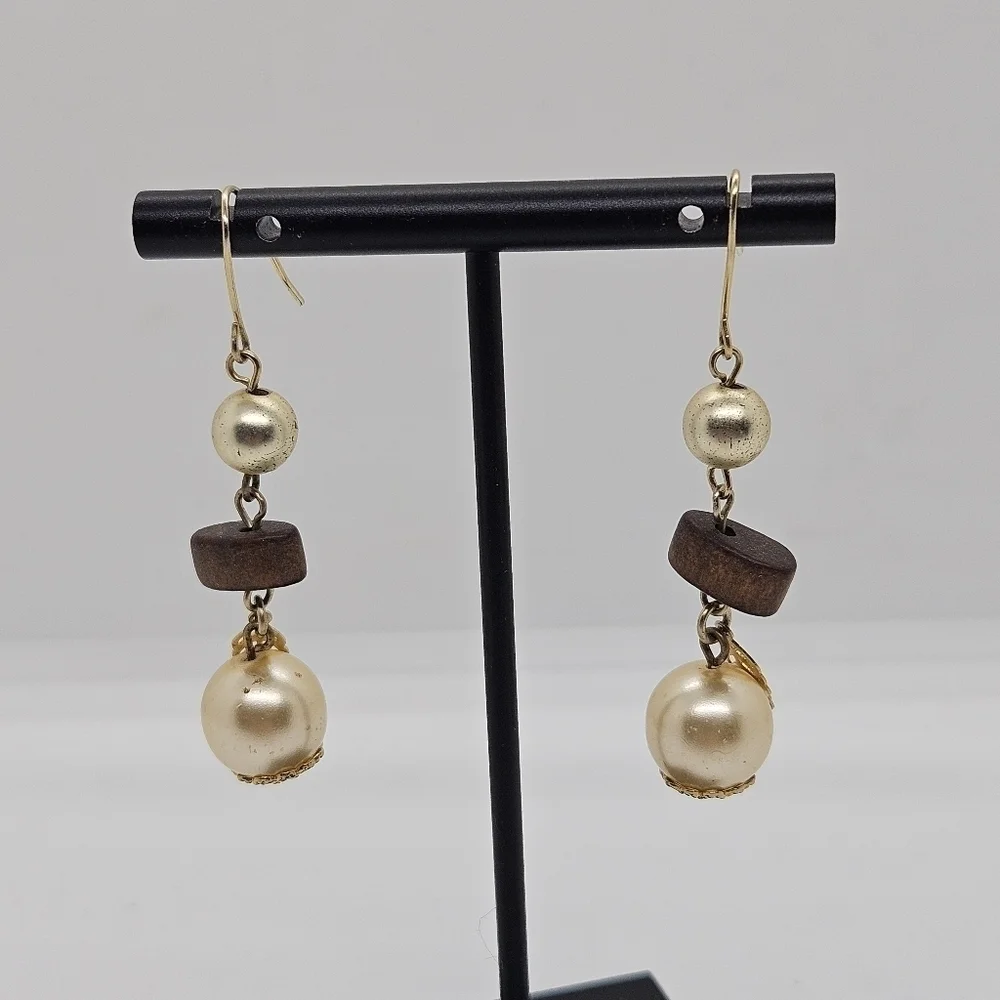 champagne colored faux pearl dangle earrings with wood beads